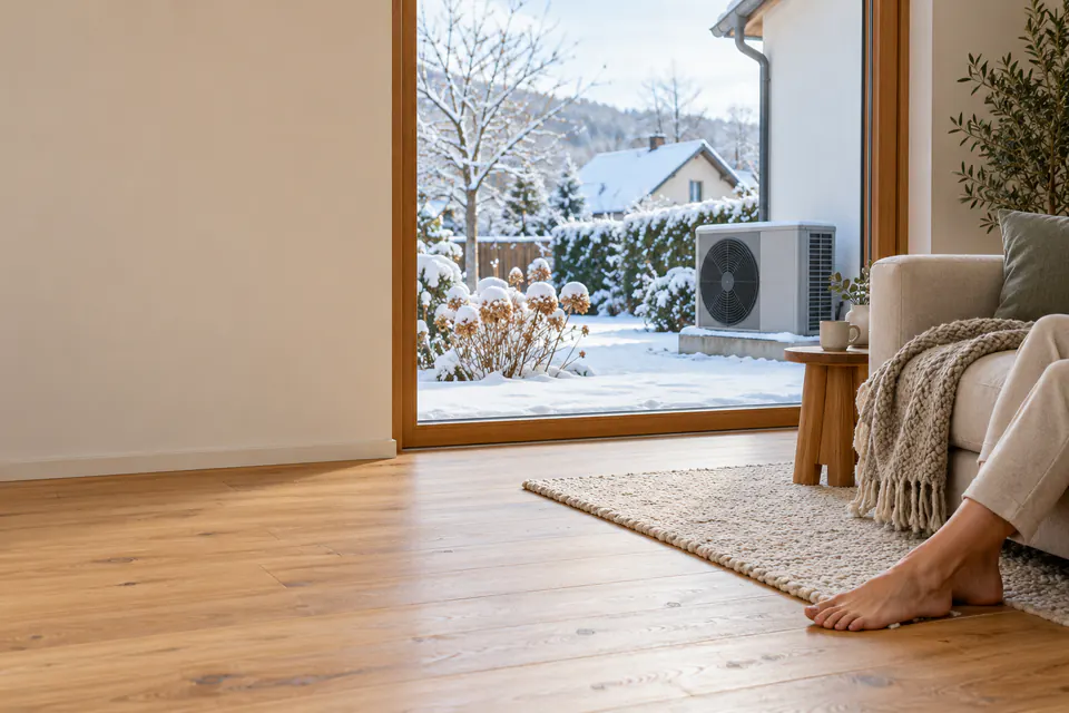 Warmes Wohnzimmer in einem Einfamilienhaus, das mit einer Wärmepumpe beheizt wird